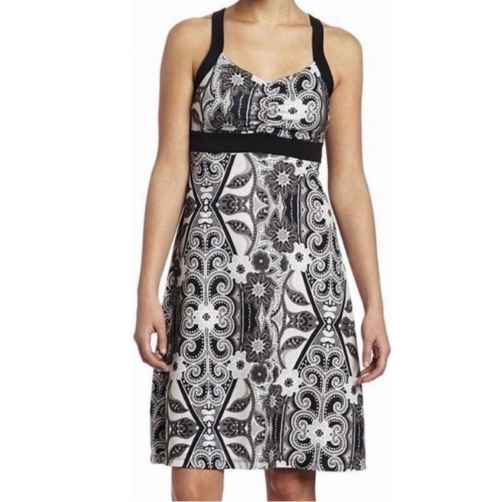PrAna Amaya Malibu Gravel Gray Floral Graphic Print Knit Halter Dress Size XS
